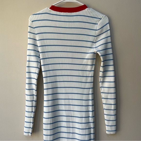 STAUD Shoko Ribbed Knit Midi Dress White Light Blue Stripes Red Trim Size M - Picture 9 of 13